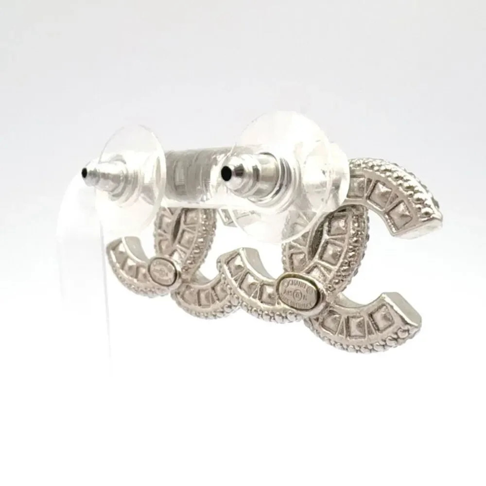 Chanel Coco Mark Earrings Silver Black Rhinestone